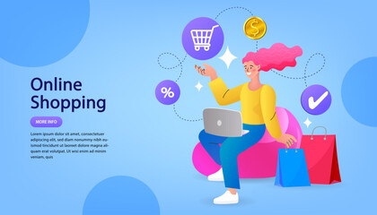 Ecommerce concept. Online shopping. Online delivery service concept. Fast delivery via laptop. buying and selling, for web page. Sale poster. Promo Christmas, New Year. Vector illustration.