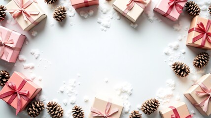 Gift Boxes and Pine Cones on Snowy Background, A colorful wrapped gift boxes and pine cones scattered on a snow-dusted surface with copy space.