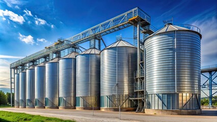 Grain storage silos with equipment for processing and shipment