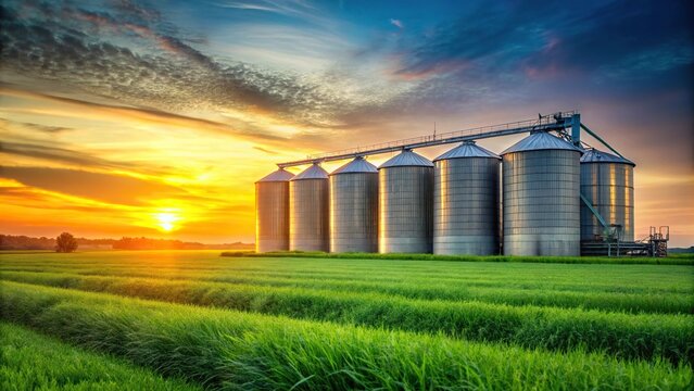 Grain silos in a green field at sunset