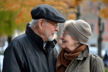Portrait of a happy senior couple in the park on an autumn day