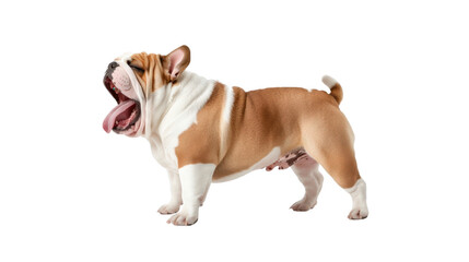 playful bulldog yawning with joyful expression, showcasing its unique coat pattern and sturdy build. This charming dog exudes sense of happiness and energy