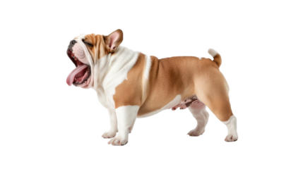 playful bulldog yawning with joyful expression, showcasing its unique coat pattern and sturdy build. This charming dog exudes sense of happiness and energy