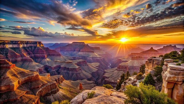 Grand Canyon landscape at sunrise with rocky formations