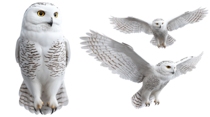 Majestic snowy owl with striking white feathers and dark markings, showcasing its beauty in various poses. This bird symbolizes wisdom and grace in nature