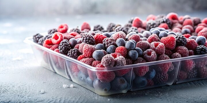Frozen berries in plastic boxes in the freezer silhouette