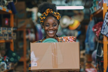 Naklejka premium Cheerful young woman holding a box of donated items in a thrift store