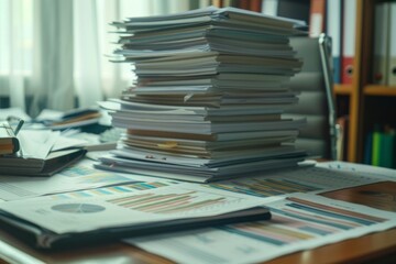 Collection of business analytics charts and graphs stacked on each other on paper on desk in office
