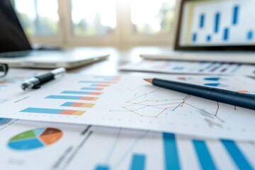 Collection of business analytics charts and graphs stacked on each other on paper on desk in office