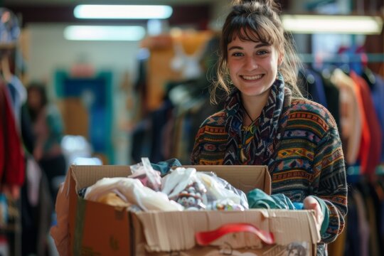 Cheerful young woman holding a box of donated items in a thrift store