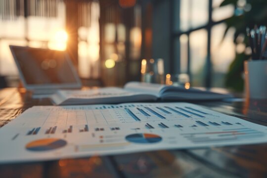Collection of business analytics charts and graphs stacked on each other on paper on desk in office