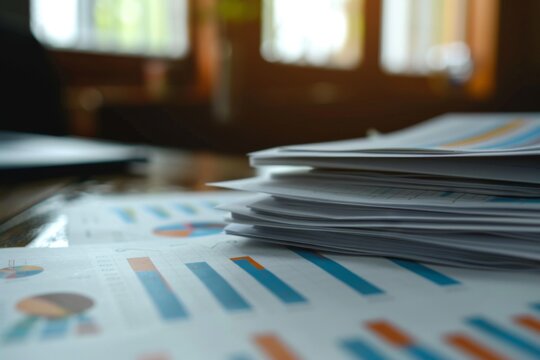 Collection of business analytics charts and graphs stacked on each other on paper on desk in office