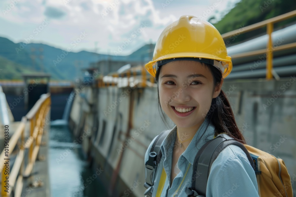 Wall mural portrait of a smiling young asian female engineer at hydroelectric plant