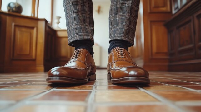 A close-up of a man's feet in brown leather oxfords, wearing brown patterned pants and socks, standing on a tiled floor.