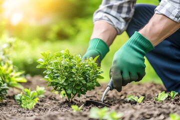 A close up photo of a gardener planting a new shrub in a lush green garden  They are using a trowel and gardening gloves and have a satisfied expression on their face as they nurture the plant