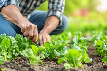 Close up of a gardener using a trowel to tend to a thriving vegetable patch in their well manicured backyard garden surrounded by soft natural lighting and a serene satisfied expression on their face