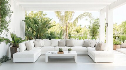 A white sectional sofa with white cushions is situated on a patio with a white pergola overhead. Behind the sofa, there is a lush green garden and trees.