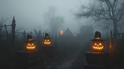 Eerie Halloween scene with glowing jack-o'-lanterns in a foggy graveyard, creating a spooky and festive atmosphere.