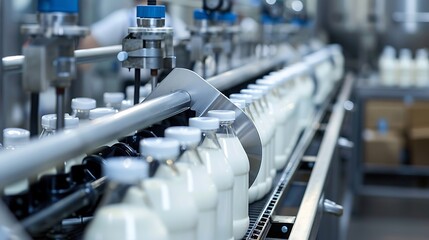 Naklejka premium Packaging bottles line in the milk in a modern dairy factory