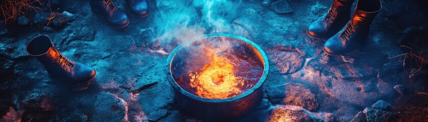 A mesmerizing campfire scene with glowing embers, surrounded by boots, creating an atmosphere of warmth and adventure.