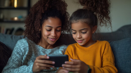 Fototapeta premium mother and daughter share joyful moment while enjoying their smartphone together on cozy couch. Their smiles reflect happiness and connection in natural setting