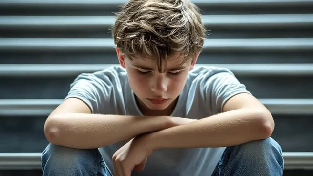 A young teenage child is sitting on steps, his head drooping and dejected.
