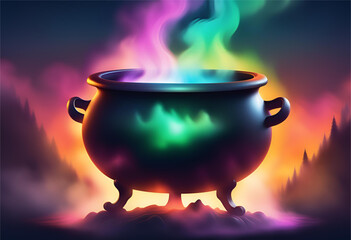 Caldeirão de Bruxa cheio de magia, fervendo ao ar livre.