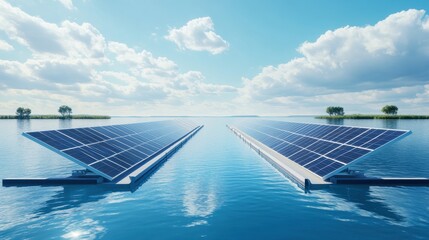 Large floating solar panels positioned on a serene lake, reflecting the sky and surrounded by nature, symbolizing sustainable energy production in harmony with the environment.