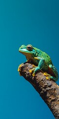 A side view of a granular poison frog crawling along a branch, its vivid green skin standing out against a bold blue background, with space for copy