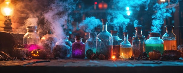 A mystical display of colorful potions in glass bottles, surrounded by enchanting smoke and dim lantern light in a dark laboratory.