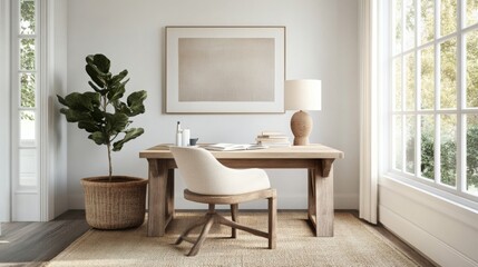 Fototapeta premium A tidy workspace features a wooden desk with a comfortable chair, adorned with a plant and a lamp, basking in bright, natural light filtering through large windows, creating a peaceful atmosphere.