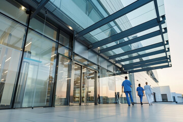 The modern entrance of a city hospital featuring glass doors, a canopy, and healthcare staff entering. A professional and clean architectural design that serves as a vital healthcare facility.