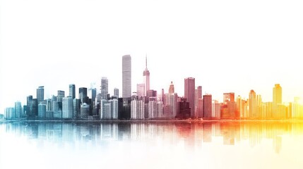 Obraz premium A colorful skyline of a city with tall buildings and a reflection in the water.