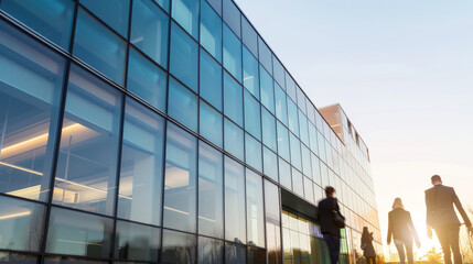 The exterior of a sleek, modern office building on a sunny day, with reflective glass windows and pedestrians walking by, highlighting the dynamic flow of corporate life in an urban business district.
