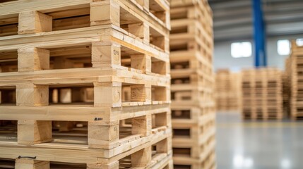 Eco-friendly Innovation Towers High. Stack of Sustainable Wooden Pallets Dominates Warehouse in Green Manufacturing Facility, Showcasing Commitment to Environmental Logistics. Sustainable Supply Chain