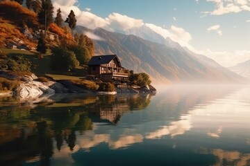 Fototapeta premium Scenic Mountain Lake House Surrounded by Serene Nature and Reflections