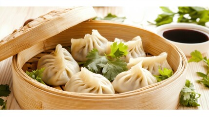 Dumplings in a bamboo basket surrounded by fresh herbs and soy sauce