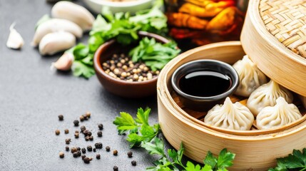 Dumplings in a bamboo basket surrounded by fresh herbs and soy sauce