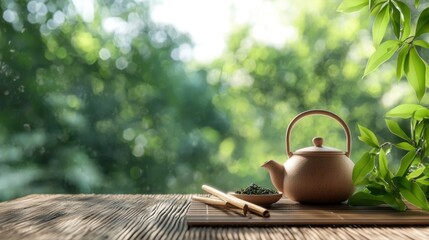 Photorealistic tea ceremony setup with a clay teapot, bamboo tools, and tea leaves on a rustic table