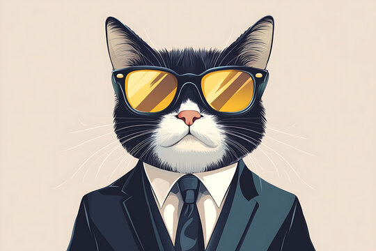 A stylish cat wearing sunglasses and a suit, exuding a cool and confident vibe.