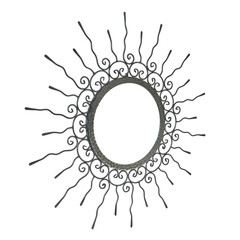 An intricate metal sunburst featuring swirling, ornamental wire rays and a circular, hollow center. The handcrafted design exudes a vintage, artisanal charm, perfect for decorative use.