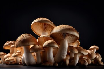 Fresh Cluster of Mushrooms on Wooden Table in a Dark Ambient Setting