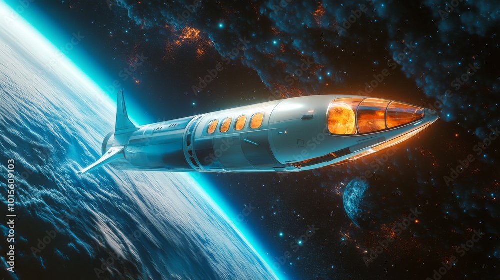 Poster a sleek, futuristic spacecraft soars through the earth's orbit, illuminated engines glowing against 
