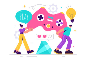 Video Games Vector Illustration with Programmers Playing Gamepad Controllers in Console Fights on Android, Mobile, and Computer in a Flat Background