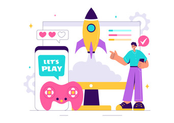 Video Games Vector Illustration with Programmers Playing Gamepad Controllers in Console Fights on Android, Mobile, and Computer in a Flat Background