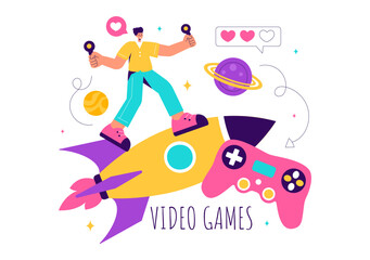 Video Games Vector Illustration with Programmers Playing Gamepad Controllers in Console Fights on Android, Mobile, and Computer in a Flat Background