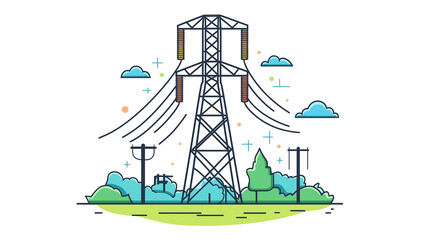 stylized illustration depicting a tall power line tower with wires running across a rural landscape The scene includes clouds trees and smaller power lines all rendered in a simple line art style
