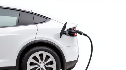 Fototapeta premium Electric Vehicle Charging: A sleek white electric car seamlessly plugged in, symbolizing the future of sustainable transportation. The image evokes a sense of progress, innovation.