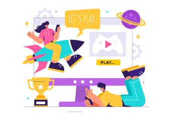Obraz premium Video Games Vector Illustration with Programmers Playing Gamepad Controllers in Console Fights on Android, Mobile, and Computer in a Flat Background