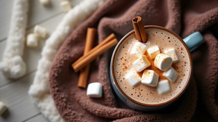 Christmas vibes, Hot Cocoa with Marshmallows and Cinnamon Sticks on Cozy Blanket.
